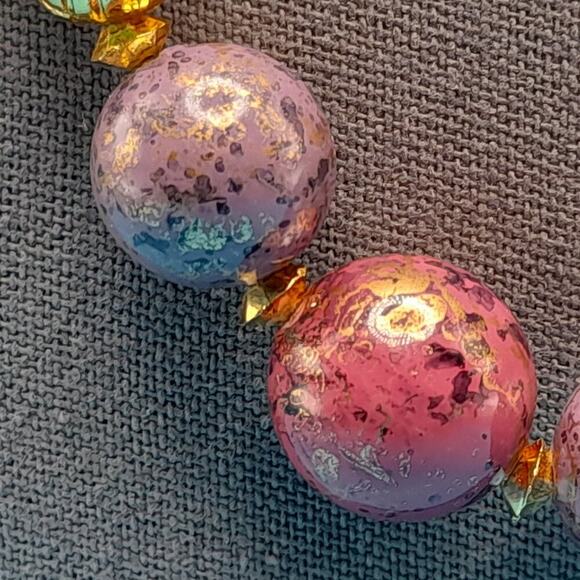 Vintage Chunky Art Beaded Necklace, Gold White Purple Beads, 24 Inches - Picture 7 of 12